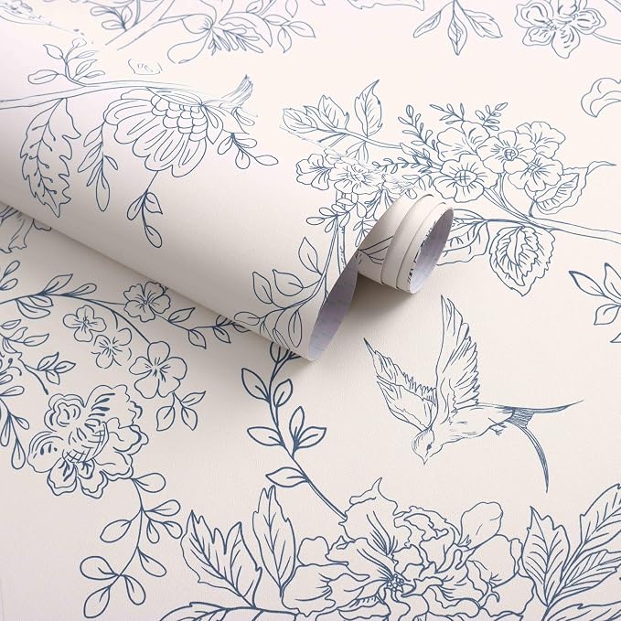 Froluya Cream White and Blue Peel and Stick Wallpaper Floral Contact Paper | 17.7in×393.7in Blue Floral Wallpaper Peel and Stick Vintage Flower Bird Self Adhesive Removable Wall Paper for Bathroom Vinyl by Froluya