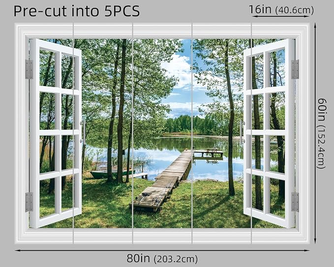 FLFK Fake Window Wall Decal Peel and Stick Wall Mural 80" x 60" | Lake & Forest Scene, 3D Illusion Effect, Removable Design, Home Office Decor, Pre-cut into 5 pieces - Image 2