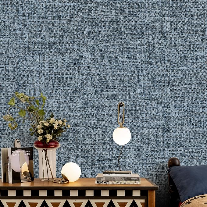 Blue Gray Grasscloth Peel and Stick Wallpaper 17.3"x480" Faux Linen Textured Contact Paper Removable Self Adhesive Vinyl Wallpaper for Bedroom Bathroom Kitchen Cabinets - Image 3