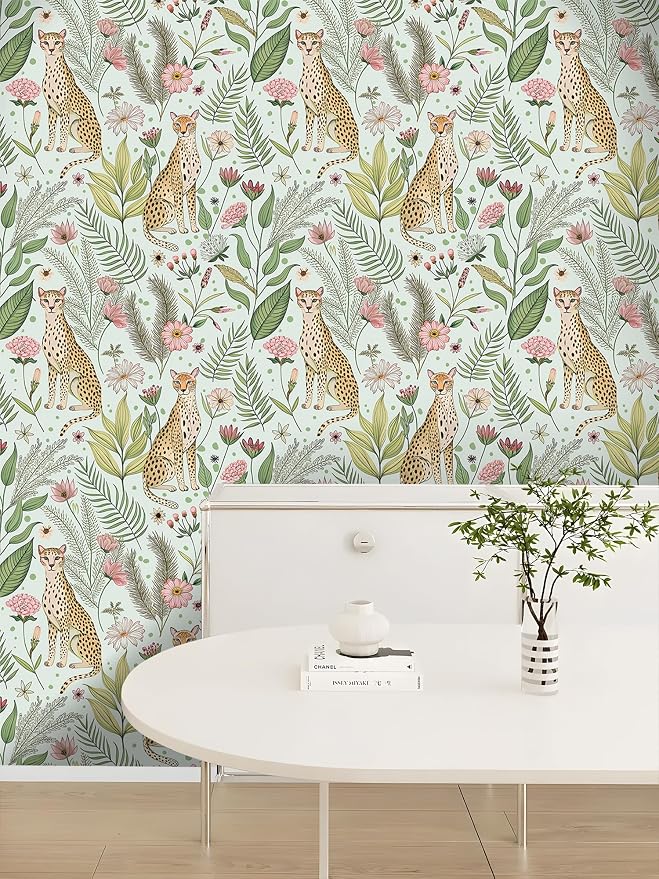 Floralplus Jungle Leopard Wallpaper Peel and Stick Wallpaper Removable Vintage Floral Wall Paper for Bathroom Renter Friendly Textured Stick On Vinyl Contact Paper Home Decor 17.5 x 393 in - Image 9