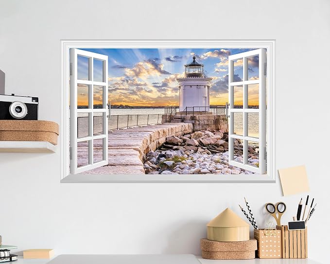 FLFK Fake Window Wall Sticker - Shoreline Lighthouse Faux Window Wall Mural for Wall Decor, Stick and Peel Wall Decals,24"x16" - Image 6