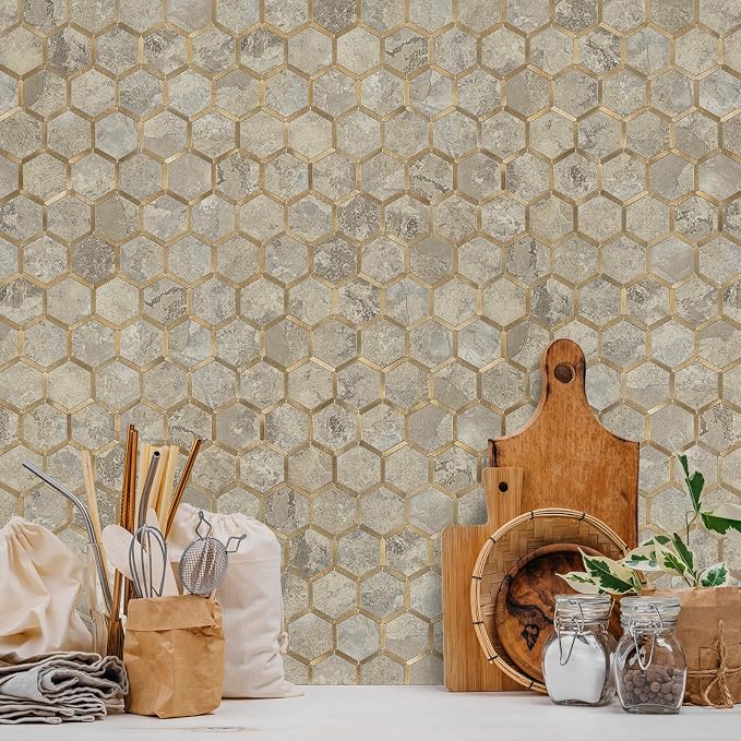 STICKGOO Hexagon Peel and Stick Backsplash Tile, Stick on Backsplash for Kitchen and Bathroom, Stone Beige PVC Mixed Metal Gold Self Adhesive Wall Tiles(10 Sheets, Seamless) - Image 8