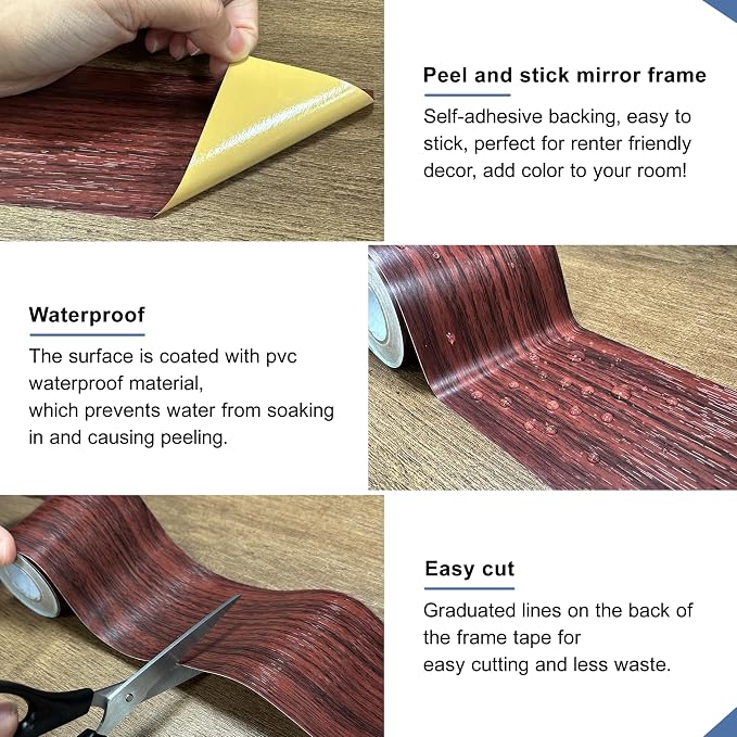 TIANLDD 27 FT Wood Grain Wallpaper Border, Removable Waterproof Mirror Border Peel and Stick,Bathroom Mirror Frame Border.(Reddish Brown Oak) - Image 4