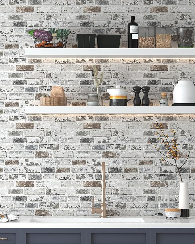 PeonyQueen Brick Peel and Stick Wallpaper 17.3"x197" 3D Brick Wallpaper | Self Adhesive Removable Wallpaper Grey and White Textured Vintage Contact Paper for Fireplace Kitchen Home Decoration Vinyl - Image 6