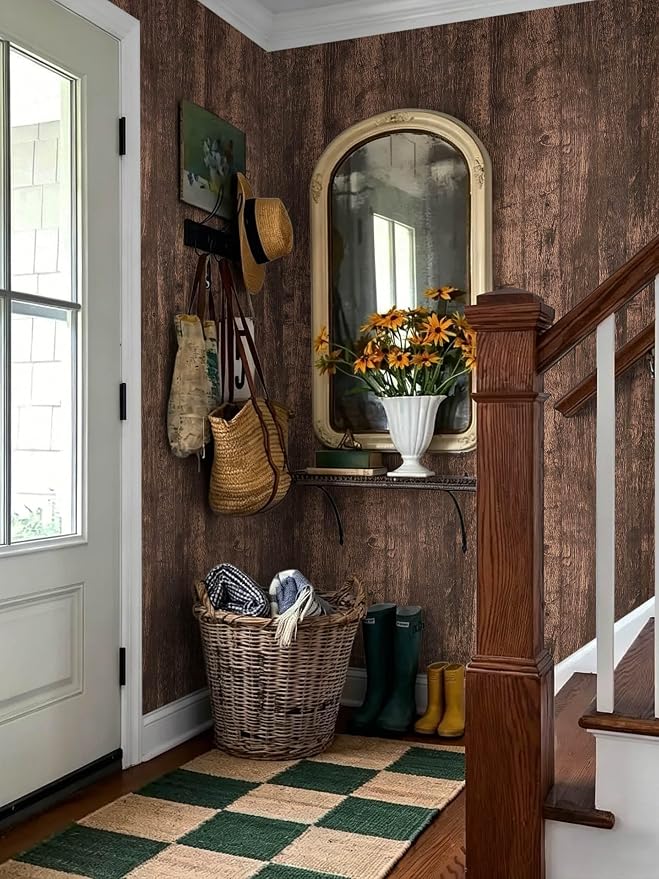 Dimoon315''x17.7" Wood Peel and Stick Wallpaper Removable Dark Brown Thicken Waterproof Wood Wallpaper Brown Wood Contact Paper Wood Plank Grain Rustic Self Adhesive Vintage Texture Cabinet Vinyl Roll - Image 2