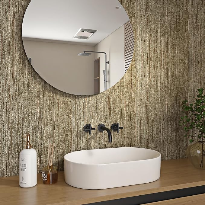 Livelynine Gold Grasscloth Peel and Stick Wallpaper Textured Accent Wall Paper for Bedroom Bathroom Living Room Renter Friendly Kitchen Vinyl Wrap for Cabinets Dark Brown Gold Contact Paper Waterproof - Image 8