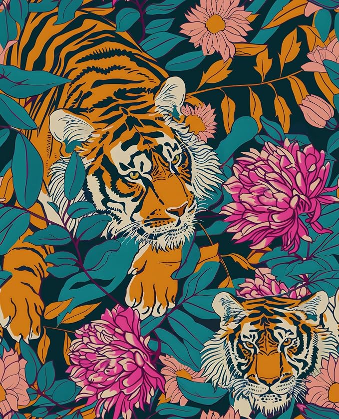 BOKEBEVE Tiger Floral Wallpaper Peel and Stick Vintage Orange 17.5 x 196In | Removable Self Adhesive Renter Friendly Jungle Tiger Wall Paper for Bedroom Bathroom Living Room Feature Accent Wall by BOKEBEVE
