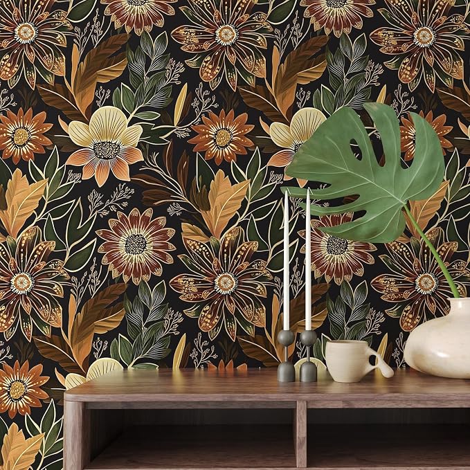 Laatse Boho Dark Black Gold Floral Wallpaper Peel and Stick 17.5"x393" | Self Adhesive/Removable/Waterproof/Thick Vinyl Contact Paper for Bathroom Bedroom Shelf Cabinet Drawer,Prepasted,Easy Peel - Image 5