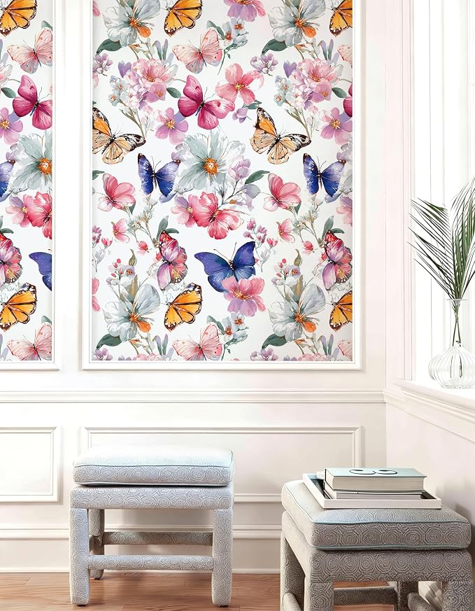 Floral Peel and Stick Wallpaper Butterfly Contact Paper 16.9in×118.1in Watercolor Floral Wallpaper Self Adhesive Removable Modern Flower Contact Paper Waterproof for Bathroom Cabinets Decor - Image 4