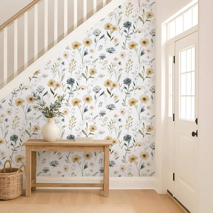 Ismoon Floral Peel and Stick Wallpaper Boho Wallpaper 17.3in x 6.56ft Blue and White Contact Paper Watercolor Flower Removable Wall Paper for Bedroom Nursery Kitchen Girls Room Vinyl - Image 6