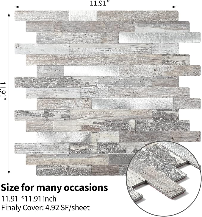 Yipscazo 2026 New Upgrade Peel and Stick Wood Metal Tile Backsplash, Stick on Tiles for Backsplash Kitchen, Bathroom (10 Sheets, Light Rustic) - Image 3