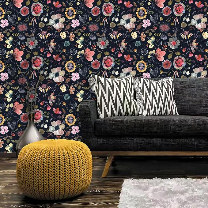 Wallpaper Peel and Stick Floral Wall Paper Removable Waterproof Blue/Red/Yellow Contact Paper for Bedroom Cabinets Shelf Drawers Renter Friendly 17.3" x 236.3" - Image 2