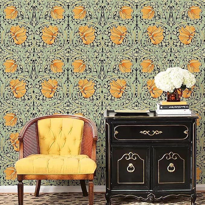 HAOKHOME William Morris Style Wallpaper Floral Orange 17.3in x 32.8ft | Long Peel and Stick Textured Wall Paper Renter Friendly Removable Black Green Yellow Floral Bathroom Bedroom Contact Paper - Image 2