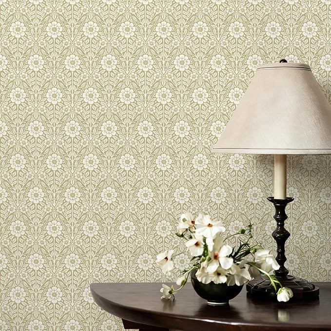17.3" x 196.8" Floral Wallpaper Peel and Stick Vintage Boho Cream Damask Wallpaper Textured Removable Self Adhesive Vinyl Wall Paper for Bedroom Bathroom Cabinets - Image 3