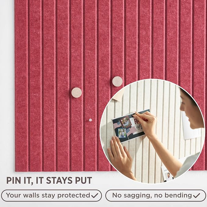 VIVELDA Felt Bulletin Board Tiles 48"x36" - 12-Pack Cork Board Alternative, Oeko-TEX Certified, NRC 0.95 Acoustic Wall Panels, Damage-Free Adhesive, Slatted Design, Home Office & Classroom (Burgundy) - Image 3