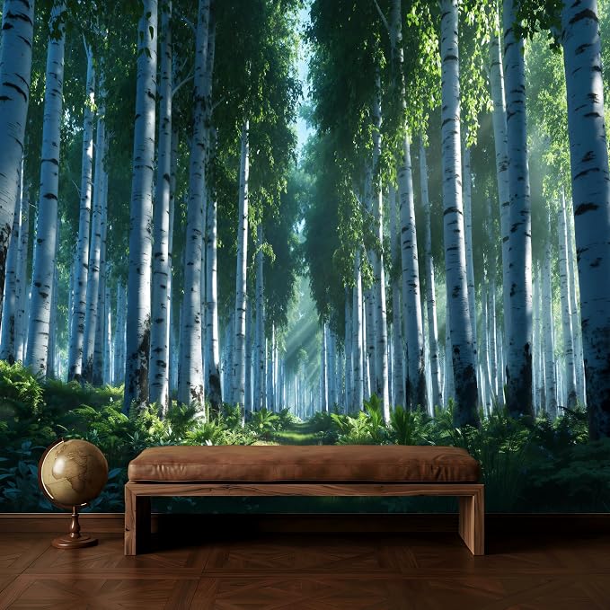 ASJ Forest Peel and Stick Wallpaper Mural, Birch Tree Fern Green | Seamless edge-to-edge match. Sunlight rays nature artwork, 177x102 in, premium fabric, living room bedroom decor. - Image 3