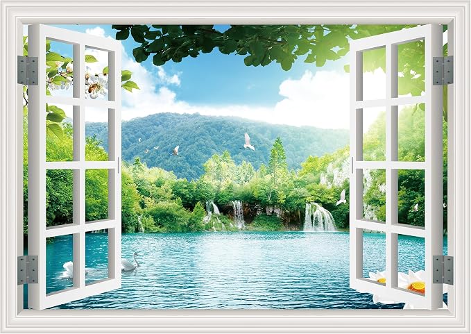 FLFK Fake Window Wall Sticker - Landscape Faux Window Wall Mural for Wall Decor, Stick and Peel Wall Decals,48"x32",Set of 2 Sheets by FLFK