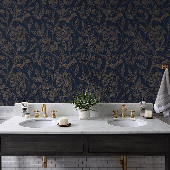 Timeet Peel and Stick Wallpaper Gold and Blue Floral Wall Paper for Bedroom Removable Self Adhesive Elegant Contact Paper Decor 17.7In × 78.7In - Image 5
