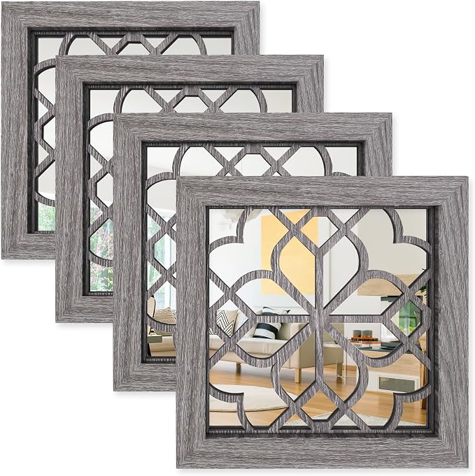 Set of 4 Boho Wall Mirrors with Carved Floral Design, 12x12 Inch Rustic Farmhouse Accent Mirrors, Vintage Style Shatterproof Square Mirror Decor for Living Room, Bedroom(Brown) by HMANGE