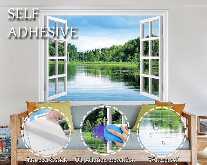 FLFK Fake Window Wall Sticker, Lake Forest Nature View Peel and Stick Mural, White Frame, Self-Adhesive Removable Decal, 80 x 60 Inches, Easy Peel and Stick, for Home, Office, Bedroom Decor - Image 7