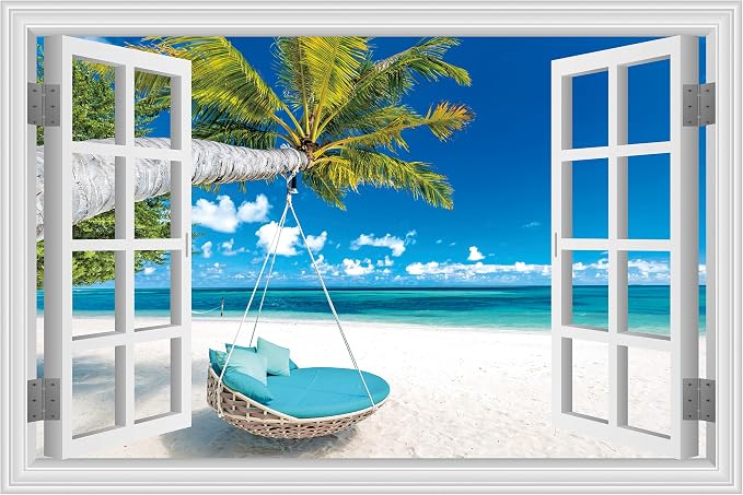 FLFK Fake Window Wall Decal, Tropical Beach Paradise with Turquoise Ocean, White Frame, Peel and Stick, 80 x 60 Inches,for Living Rooms, bedrooms, and Offices by FLFK