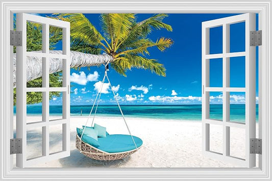 FLFK Fake Window Wall Decal, Tropical Beach Paradise with Turquoise Ocean, White Frame, Peel and Stick, 24 x 16 Inches,for Living Rooms, bedrooms, and Offices by FLFK