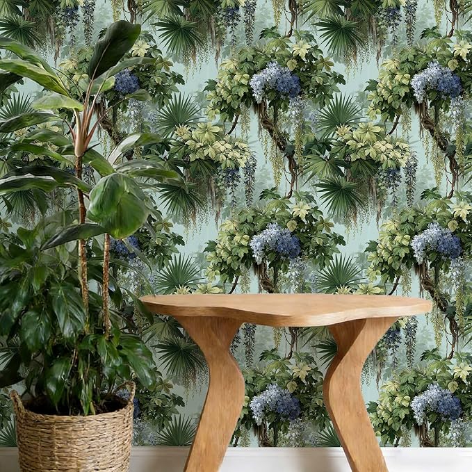 Vintage Wisteria Palm Botanical Peel and Stick Wallpaper | Soft pale backdrop wisteria and palm vine print, Removable waterproof vinyl wall covering, bedroom accent wall decor - Image 4