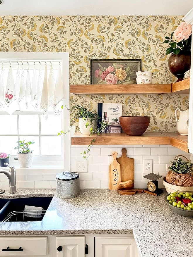 Dimoon Vintage Peel and Stick Wallpaper Floral Contact Paper Farmhouse 197×17.3" | Grandma Chic Cute Yellow Flower Wallpaper Renter Friendly Removable Wall Paper for Bathroom Kitchen Vinyl - Image 8