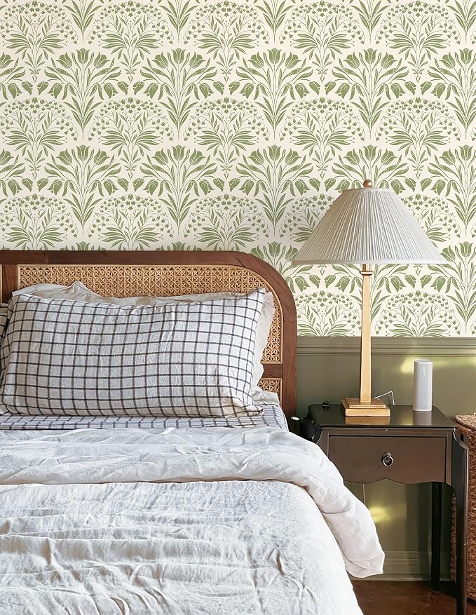 Green Tulip Floral Peel and Stick Wallpaper Retro Green Contact Paper | 17.3in X 197in Vintage Tulip Flowers Self Adhesive Wallpaper Boho Botanical Removable Wall Paper for Livingroom Decor - Image 2