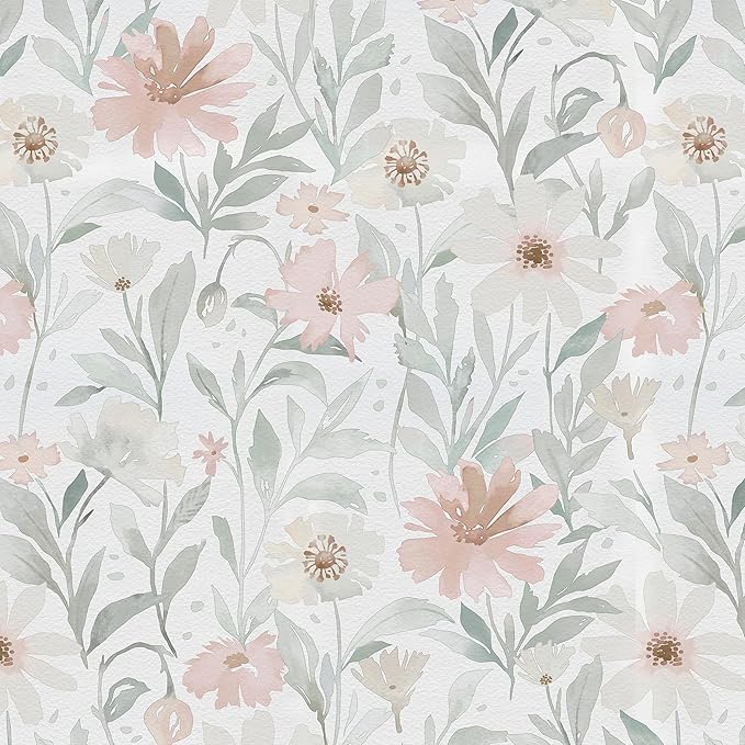 Peel and Stick Wallpaper Pink and Green Floral Wall Paper French Country Vintage Contact Paper Neutral Botanical Self Adhesive Removable Wallpaper for Kitchen Living Room Bathroom Bedroom 17.3" × 197" by Guvana