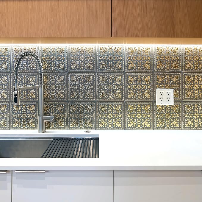 Peel and Stick Metal Backsplash Tiles, Rustic Farmhouse, 10-Pack | 8 x 8 in tile size; Covers up to 4.44 sq ft; Aluminum; Water-resistant surface; For kitchens, ceilings, DIY projects - Image 5