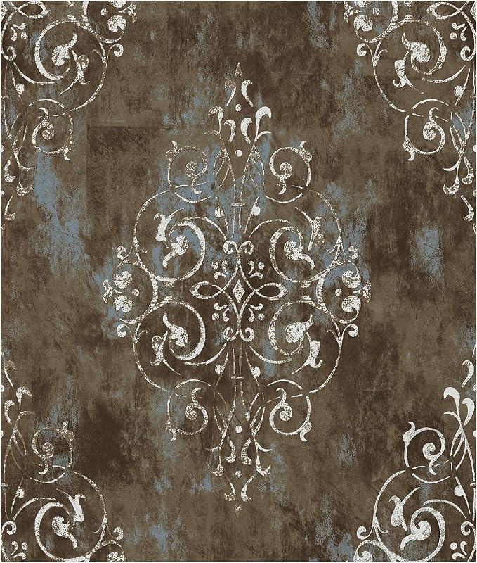 HAOKHOME Brown Wallpaper Peel and Stick Damask Vintage Victorian Bathroom | Textured Removable Retro Wall Paper Waterproof Beige Teal Traditional Victorian Farmhouse French for Bedroom 17.3in x 9.8ft by HAOKHOME