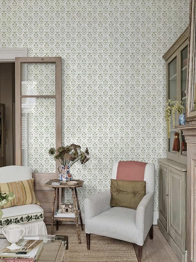 Dimoon Green Peel and Stick Wallpaper Floral Contact Paper Village Vintage Summer Cute Farmhouse Cottage Wall Paper Country Renter Friendly Geometry Waterproof Moody Bathroom Kitchen 78.7"x17.3" - Image 8