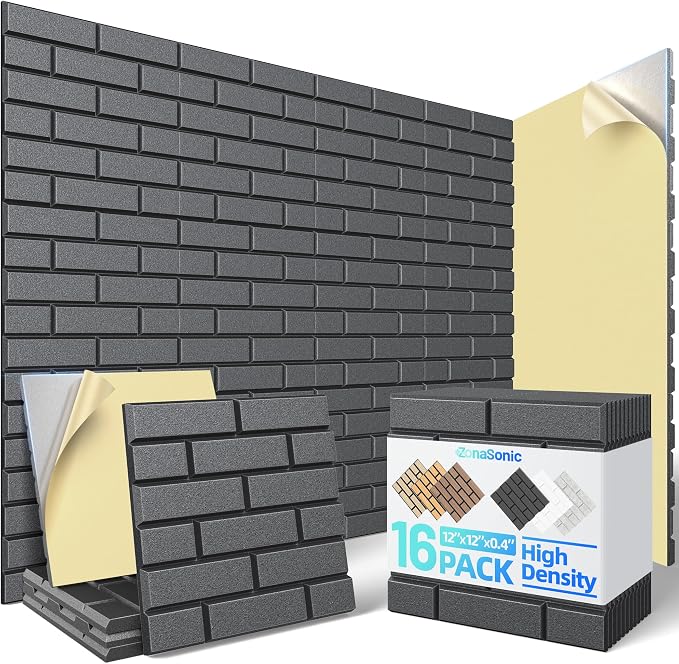 Self-Adhesive Acoustic Panels High Density Sound Proof Foam Panels for Wall | 16 Pack Brick Soundproof Wall Panels, 12" x 12" x 0.4" Sound Dampening Absorbing Panels for Home Studio Decor Office - Black by Unknown