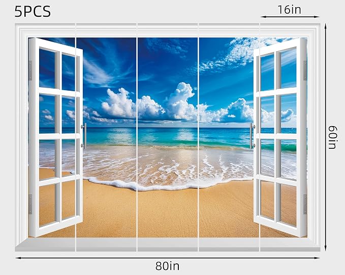FLFK Fake Window Wall Mural - Ocean Beach Faux Window Wall Decal for Wall Decor, Peel and Stick Wall Sticker,80"x60",Set of 5 Sheets - Image 2