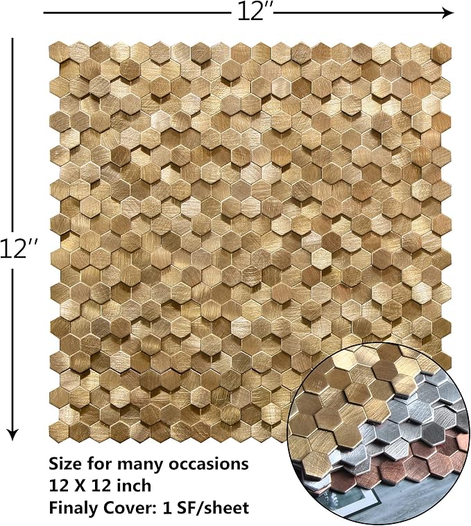 KASARO Peel and Stick Backsplash for Kitchen, 8 Pieces 3D Gold Hexagon Metal Mosaic Self Adhesive Wall Tiles Decorative for Living Room, Bathroom, Fireplace, 12”x12” - Image 2