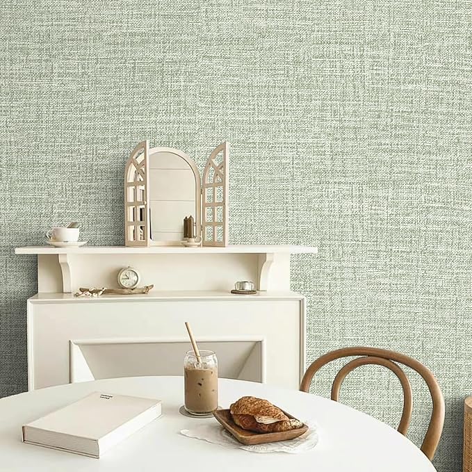 Green Grasscloth Peel and Stick Wallpaper 17.3"x300" Faux Linen Textured Contact Paper Removable Self Adhesive Vinyl Wallpaper for Bedroom Bathroom Kitchen - Image 5