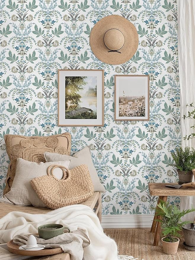 Dimoon Boho Peel and Stick Wallpaper Vintage Damask Floral Contact Paper 197''x17.3'' Sage Green Leaf Botanical Wallpaper Renter Friendly Cottage Core Wall Paper for Bedroom Bathroom Decor Vinyl - Image 5