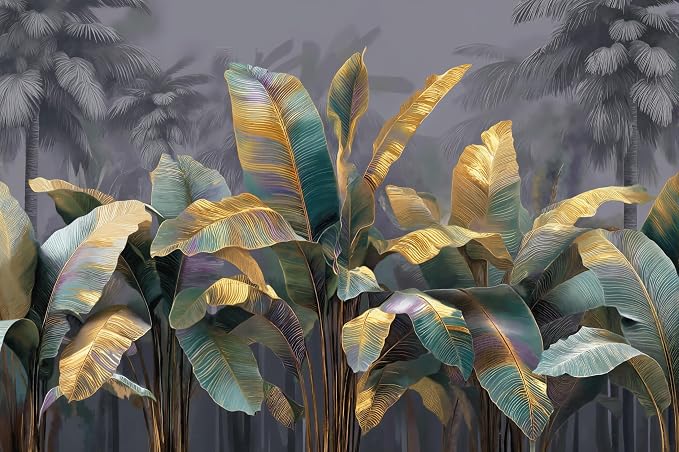 ASJ Tropical Peel and Stick Wallpaper Mural, Gold Leaf Banana Green | Seamless edge-to-edge match. Art deco dark palm tree artwork, 139x94 in, premium fabric, living room bedroom. - Image 2
