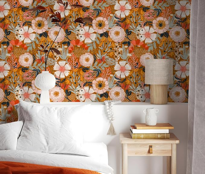 HAOKHOME Boho Wallpaper Peel and Stick Floral Retro Orange Pink Colorful | Botanical Textured Wall Paper Vintage Renter Friendly Removable Flower Bathroom Bedroom Nursery Accent Decor 17.3in x 9.8ft - Image 5