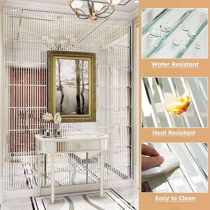 Diflart Beveled Mirror Backsplash Tiles for Kitchen, Silver Strip, 12x12 Inch, Mirror Strip Tile for Bathroom Accent Wall, Pack of 5 Sq.ft - Image 4