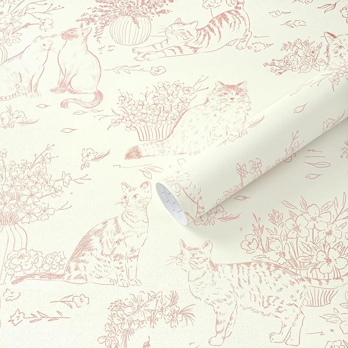 Guvana Pink Peel and Stick Wallpaper Cat Wall Paper Vintage Animal Contact Paper Vinyl Waterproof Wallpaper Floral Slef Adhesive Removable for Living Room Bedroom Kitchen Bathroom 17.3"×197" by Guvana