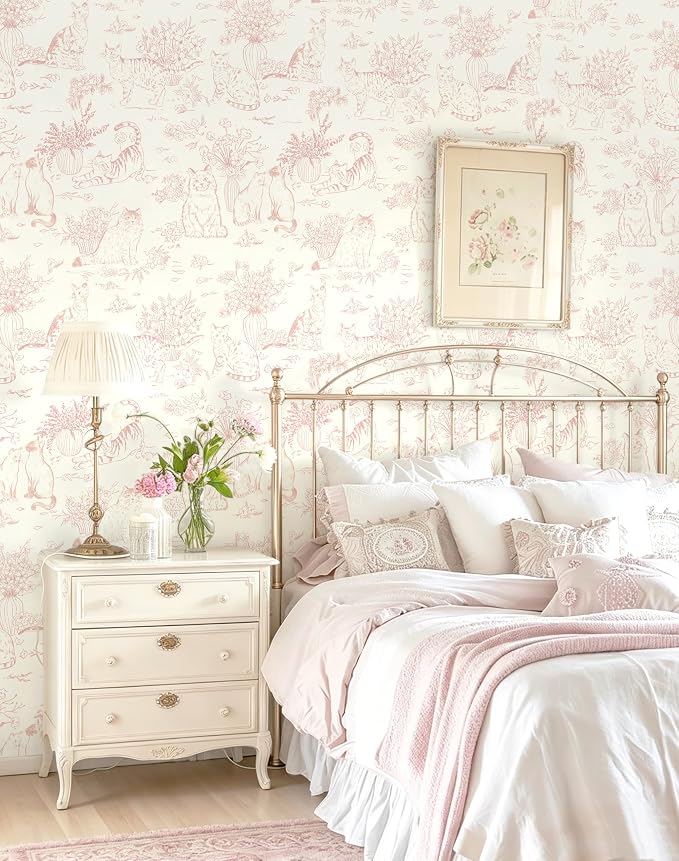 Guvana Pink Peel and Stick Wallpaper Cat Wall Paper Vintage Animal Contact Paper Vinyl Waterproof Wallpaper Floral Slef Adhesive Removable for Living Room Bedroom Kitchen Bathroom 17.3"×78.7" - Image 7