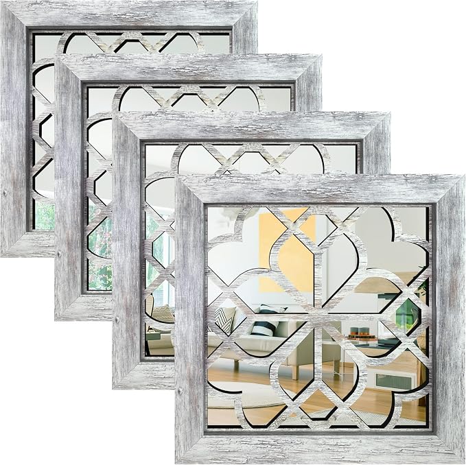 Set of 4 Boho Wall Mirrors with Carved Floral Design, 12x12 Inch Rustic Farmhouse Accent Mirrors, Vintage Style Shatterproof Square Mirror Decor for Living Room, Bedroom(Grey) by HMANGE