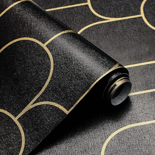 Yasinet Peel and Stick Wallpaper Black and Gold Wallpaper Modern Geometric Contact Paper for Bedroom Black Removable Self Adhesive Waterproof Wall Paper for Bathroom cabinets Vinyl 17.3”x393.7” by Yasinet