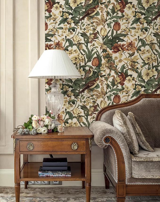 Erfoni Floral Birds Wallpaper Vintage Floral Peel and Stick Wallpaper Beige | 17.3" x118" Decoration DIY Self Adhesive Contact Paper Removable Wallpaper for Bedroom Cabinets Covering Boho Flower Leaf - Image 2