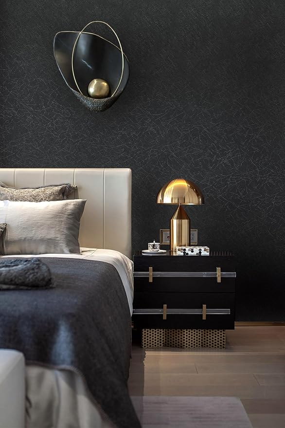 Safiyya 17.3 inch X 590 inch Wallpaper Black Silk Textured Wallpaper Peel and Stick Modern Solid Color Wall Paper Removable Contact Paper for Bedroom Vinyl Rolls - Image 4