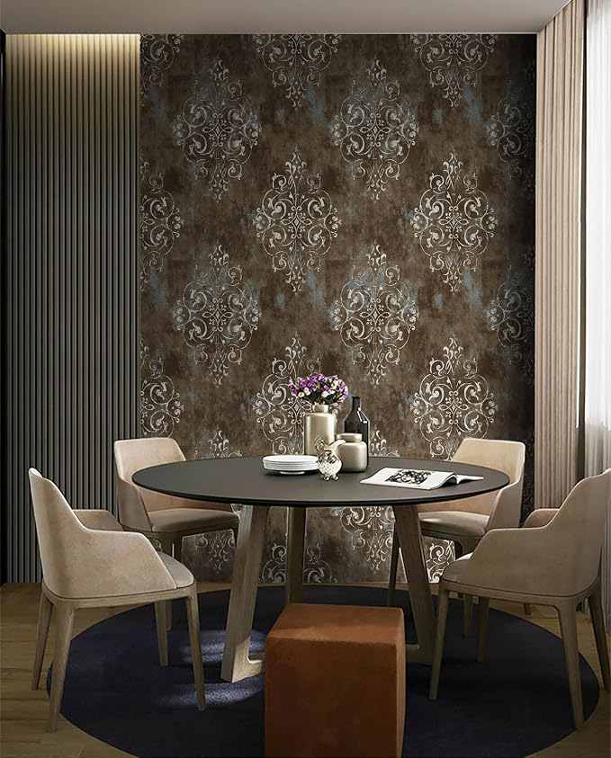 HAOKHOME Brown Wallpaper Peel and Stick Damask Vintage Victorian Bathroom | Textured Removable Retro Wall Paper Waterproof Beige Teal Traditional Victorian Farmhouse French for Bedroom 17.3in x 9.8ft - Image 2