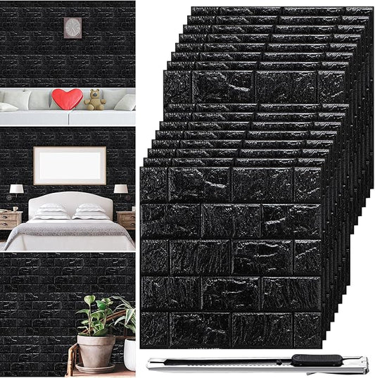 Colarr 60 Pcs 58 Sq ft 3D Wall Panels Peel and Stick Faux Foam 3D Brick Wallpaper Faux Paneling Adhesive Wall Covering Panels Decorative Medieval Tiles Waterproof for Bedroom(Black) by Colarr