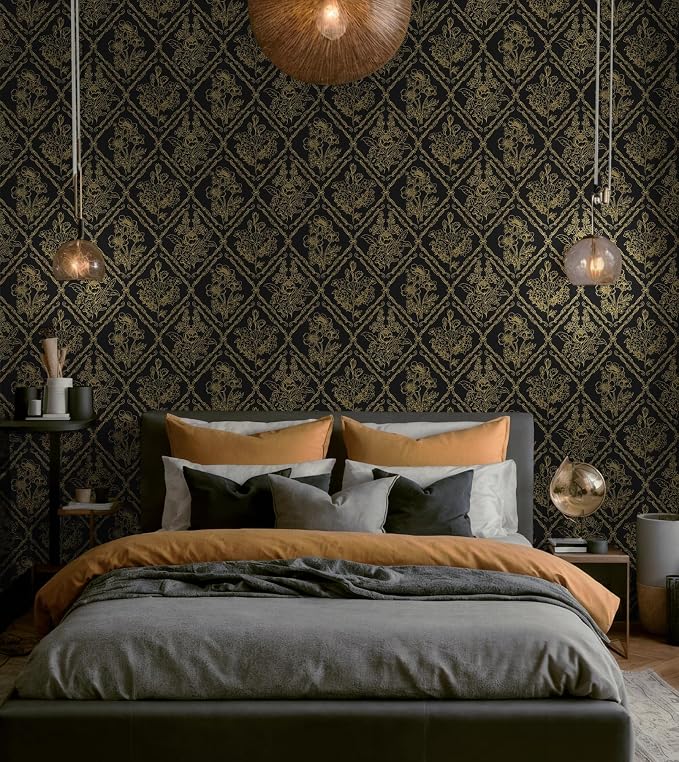 Toduso Peel and Stick Wallpaper Vintage Wall Paper Boho Contact Paper Black and Gold Floral Removable Wallpaper for Bathroom Bedroom Flower Waterproof Self Adhesive Vinyl Drawer Decor 17.3"x196.8" - Image 8